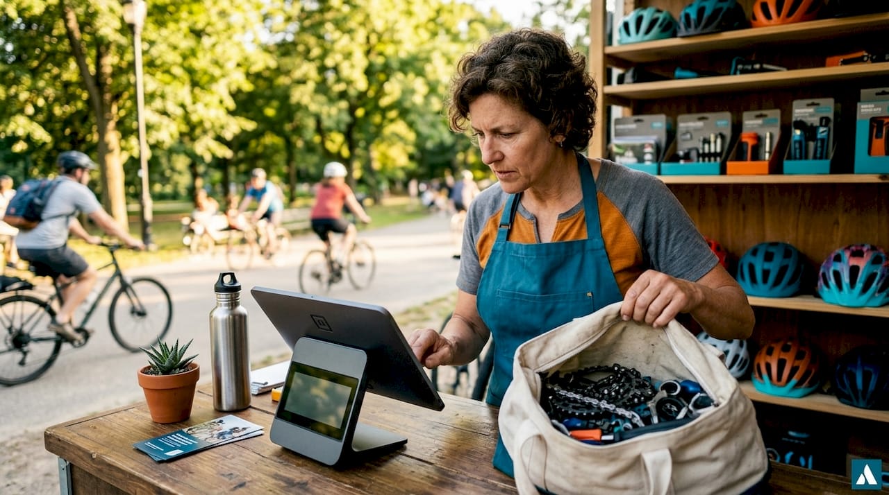 Un gérant de magasin de vélos encaisse ses clients à l’aide d’une caisse enregistreuse numérique.