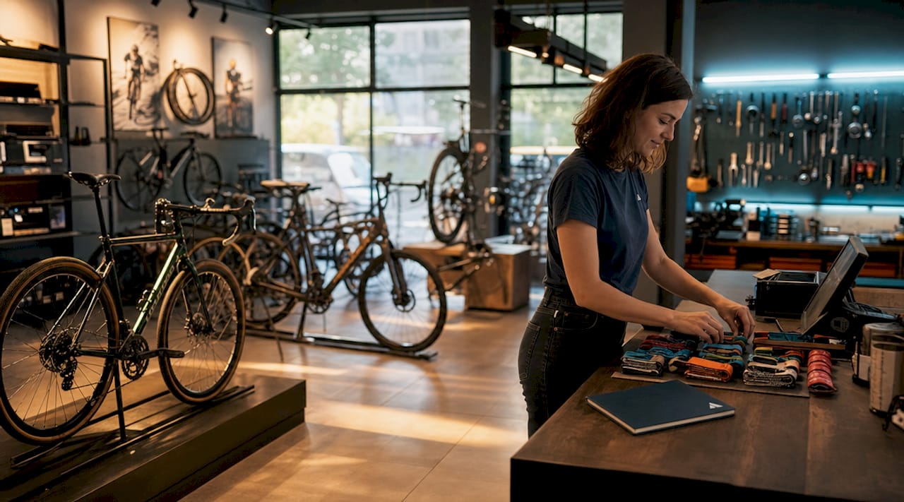Dans la zone de vente d’un magasin de vélos haut de gamme, un conseiller s’affaire à mettre en place les nouveaux accessoires sur les présentoirs.