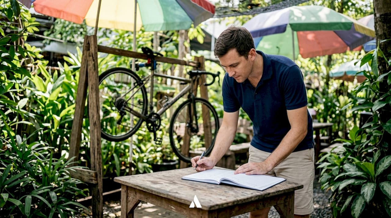 Consultation du dossier client par le mécanicien à l’atelier de réparation vélo