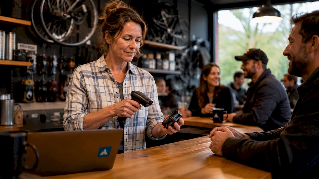Une vendeuse encaisse un client dans une boutique de vélos.