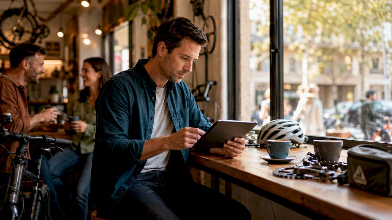 Le responsable d’un magasin de vélos gère son activité à l’aide d’une tablette connectée à un système omnicanal.