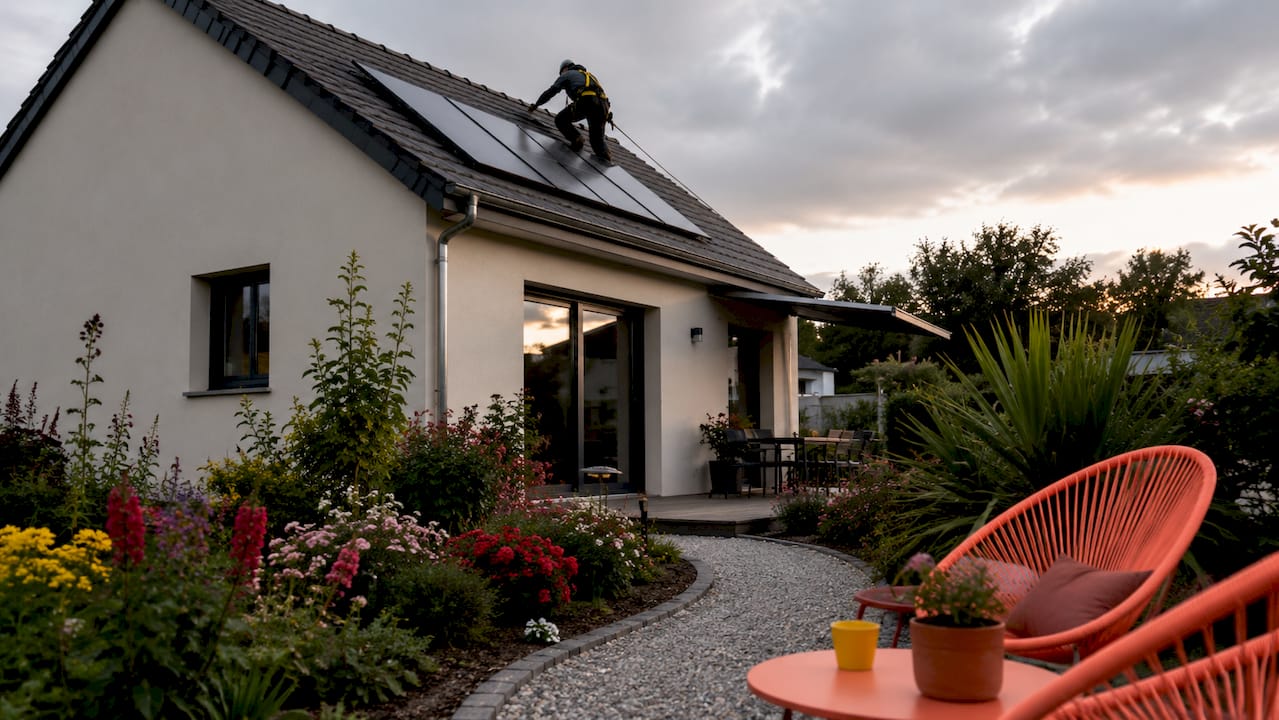 Maison équipée de capteurs solaires thermiques installés sur la toiture