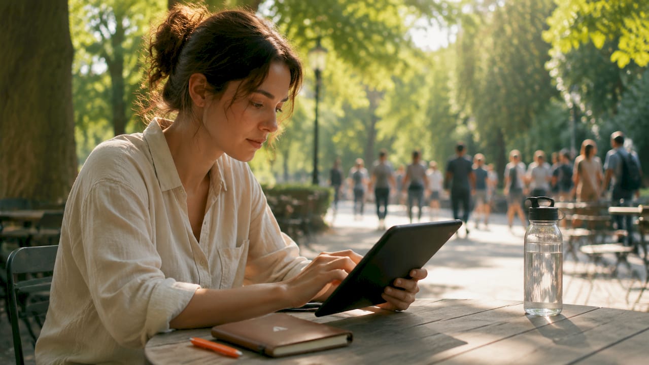 Des mains utilisent une tablette au comptoir d’un magasin de vélos.