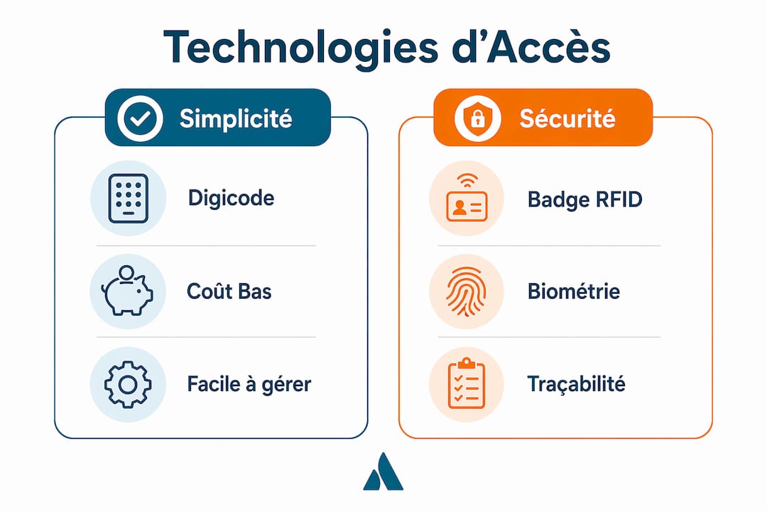 Infographie : avantages et inconvénients du digicode, du badge RFID et de la biométrie