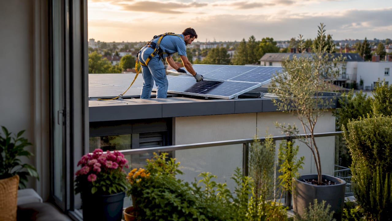 Un technicien procède aux réglages d’une installation solaire sur le toit d’une maison.