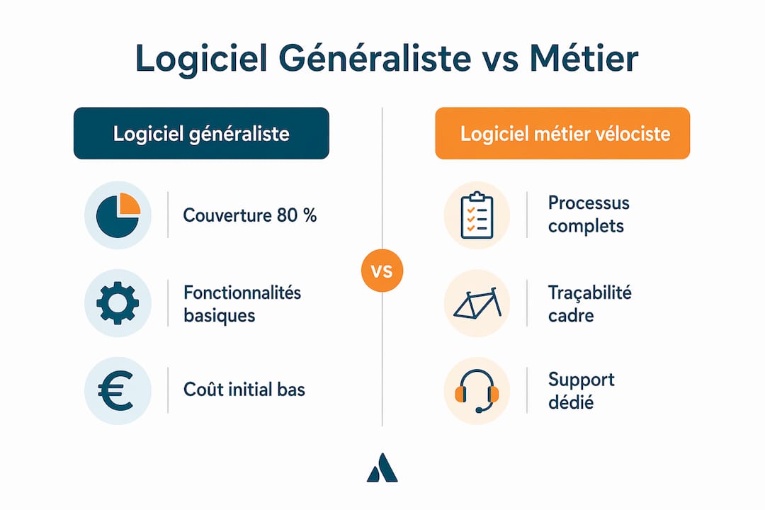 Infographie : comparaison entre un logiciel polyvalent et une solution spécialisée pour ateliers de vélos
