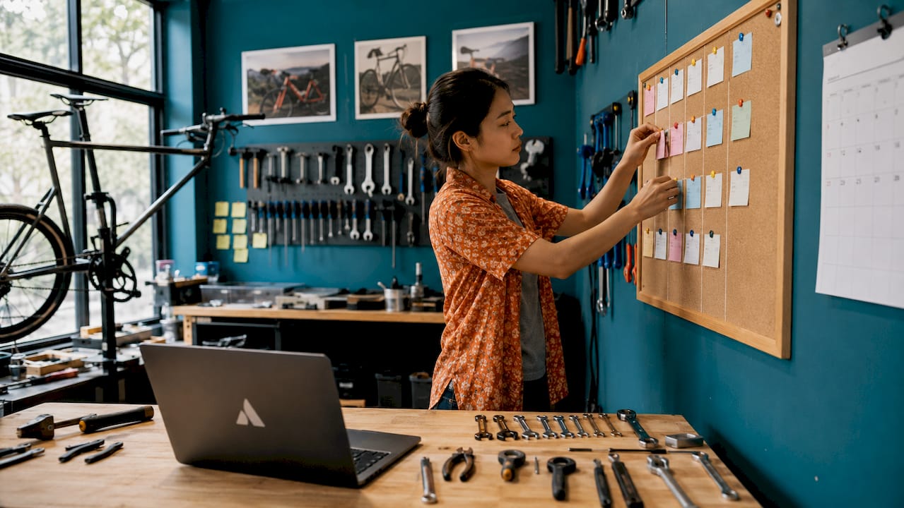 Une technicienne ajuste le planning affiché au mur dans l’atelier de réparation de vélos.