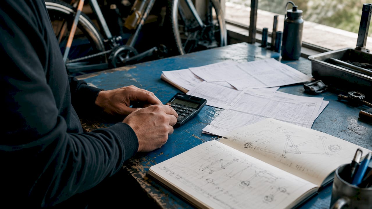 Un responsable d’atelier vélo fait ses comptes à l’aide d’une calculatrice.