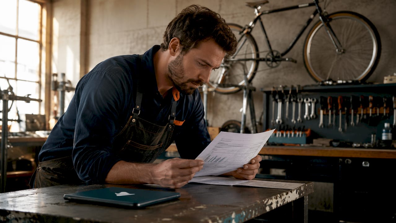 Un technicien vélo consulte le bilan des ventes de l’atelier pour analyser les résultats et suivre l’activité.