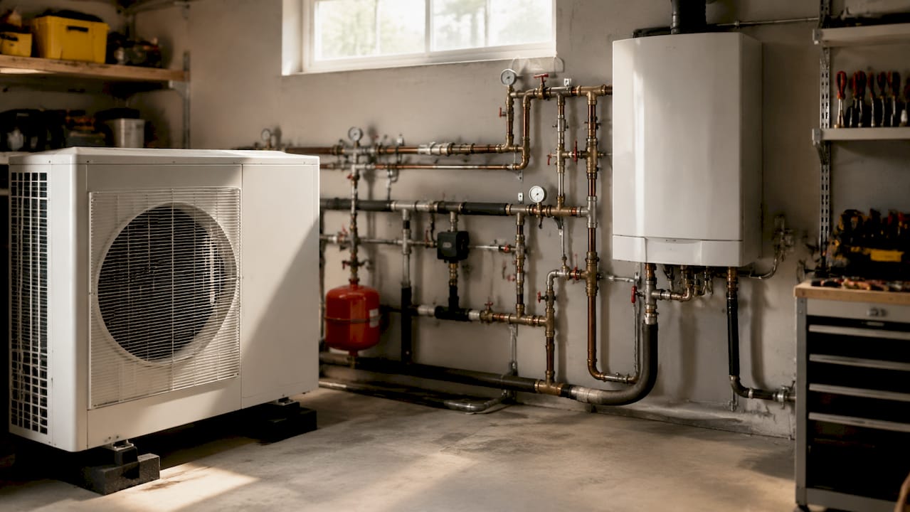 Installation hydraulique intégrée à la fois à une pompe à chaleur et à une chaudière
