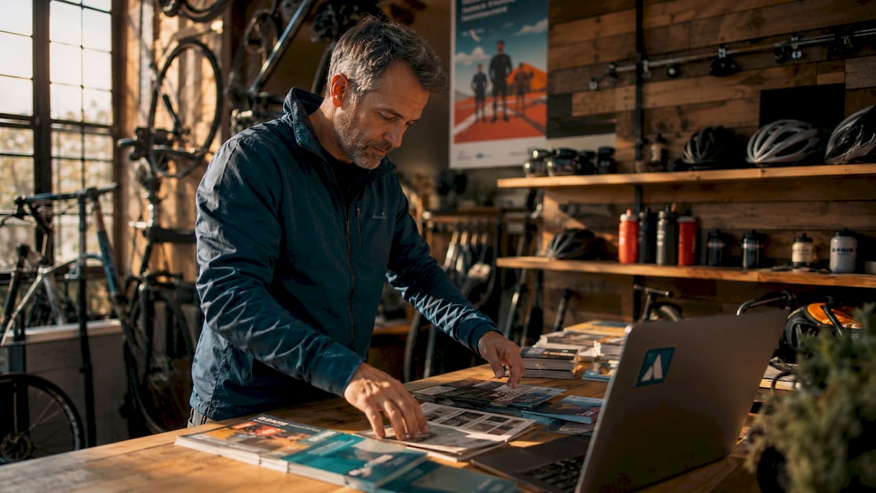 Un homme dispose des affiches pour des événements associatifs sur le comptoir d’un magasin de vélos.