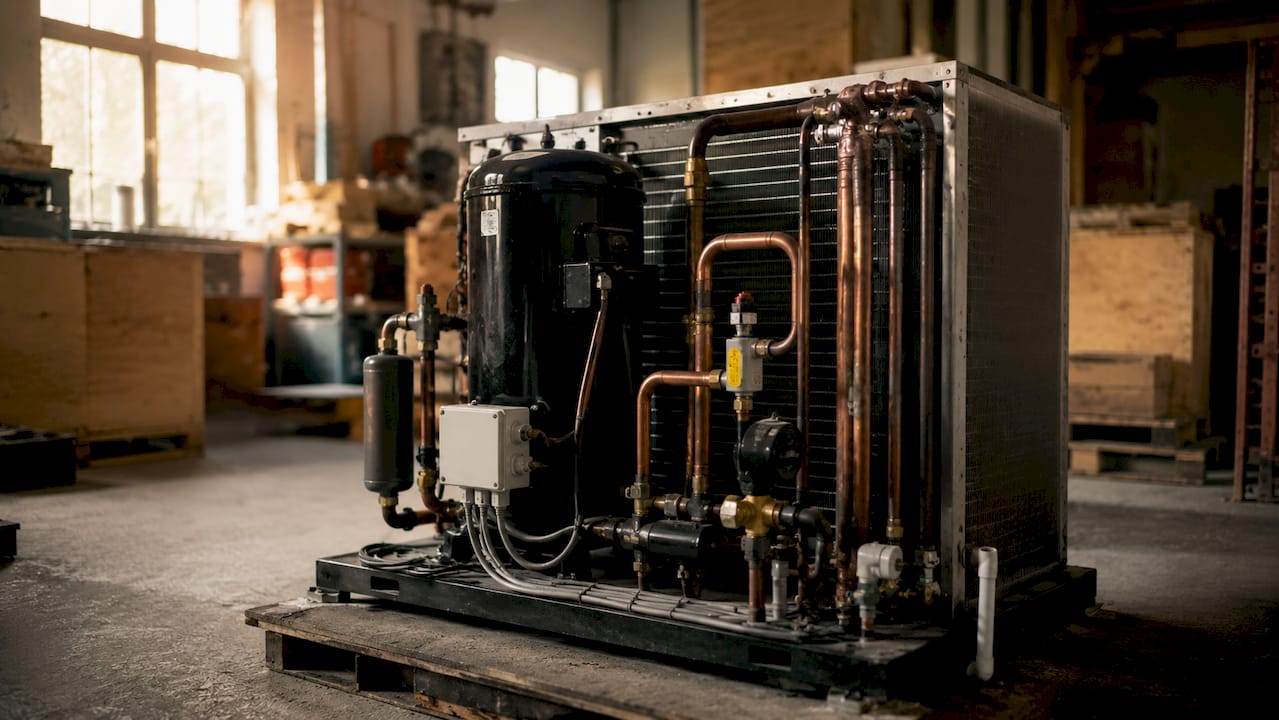 Détail sur le compresseur d'une pompe à chaleur, avec ses tubes en cuivre bien visibles.
