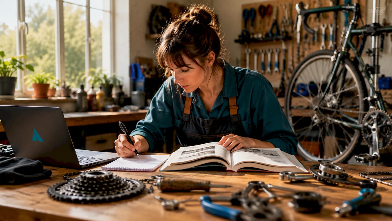Des mains en train de prendre des notes sur des données techniques liées à la réparation de vélos.