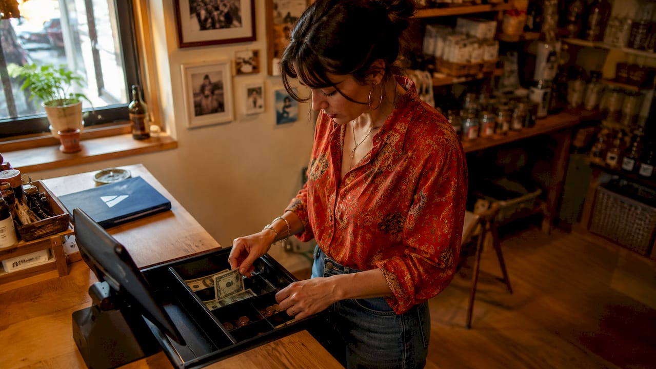 Un commerçant ouvre le tiroir-caisse de sa boutique.