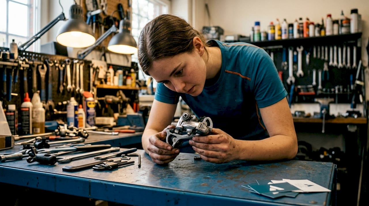 Une mécanicienne vélo examine attentivement une pièce lors d’une opération de maintenance dans l’atelier.