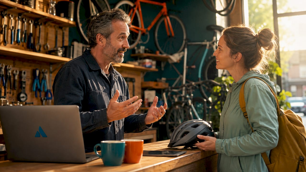 Un mécanicien partage ses astuces pour fidéliser la clientèle dans son atelier de réparation de vélos.