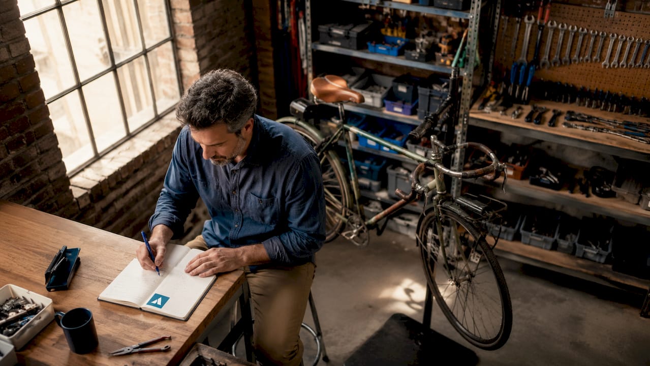 Un homme consulte son agenda pour organiser un atelier de réparation de vélos.