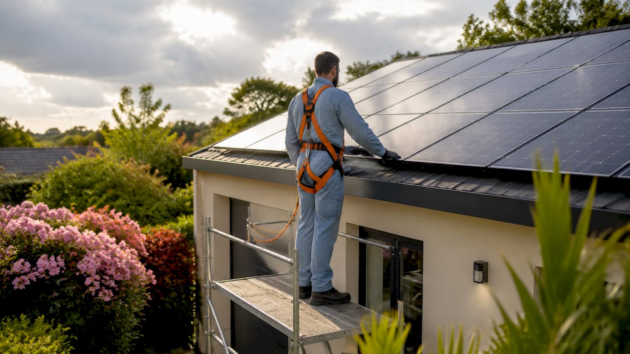 Un technicien équipé d’un harnais de sécurité intervient sur un toit pour installer ou entretenir des panneaux solaires.
