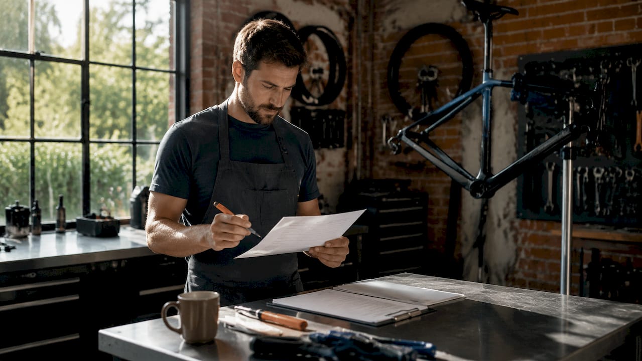 Un technicien examine les dossiers de réparation sous garantie dans l’atelier.
