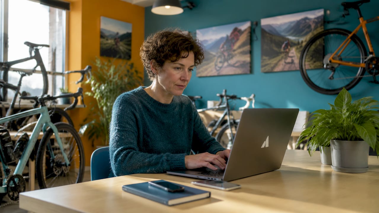 Une femme saisit des dossiers de garantie sur son ordinateur portable, au cœur de l’atelier de réparation de vélos.