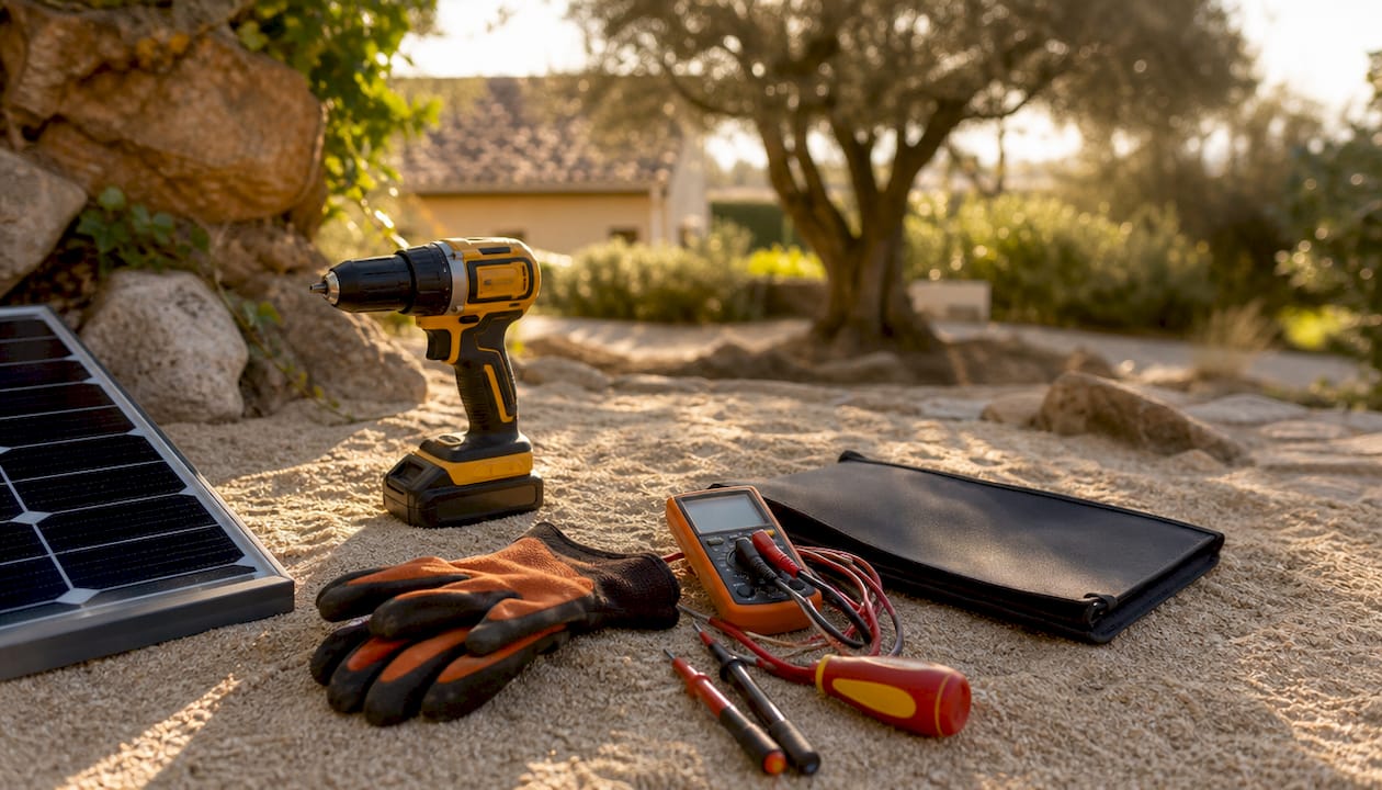 Outils d’installation de panneaux solaires posés sur l’herbe, prêts à l’emploi.