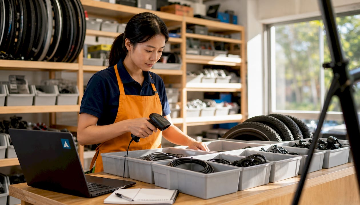 Une personne passe des accessoires de vélo devant un lecteur sur le comptoir.