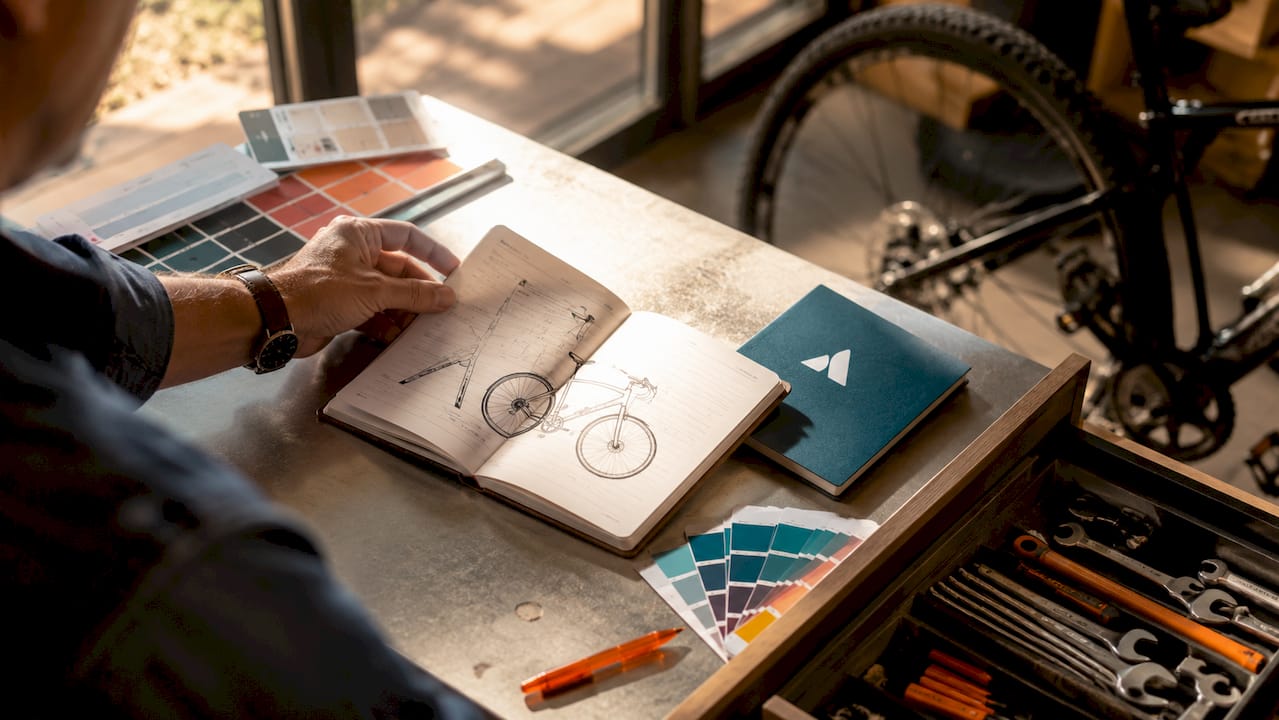 Une main feuillette le carnet d’entretien du vélo, entourée d’outils.
