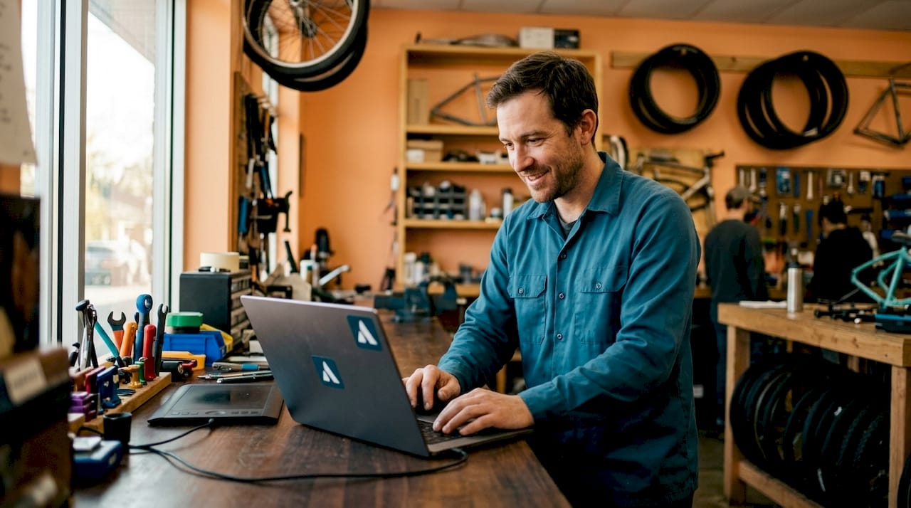 Un technicien vélo en atelier travaille sur ordinateur grâce à un logiciel spécialisé pour la gestion et le suivi des réparations.