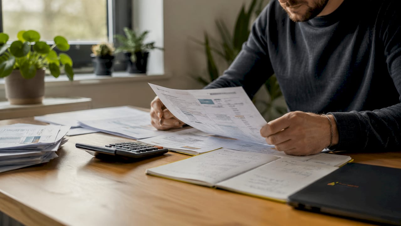 Des factures et une calculatrice posées sur le plan de travail de la cuisine