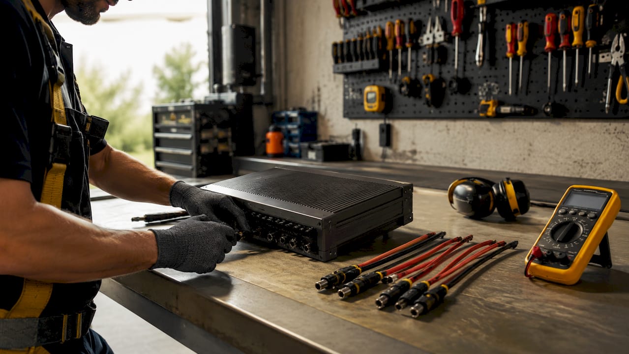 Technicien en train de manipuler un onduleur dans l’atelier de maintenance