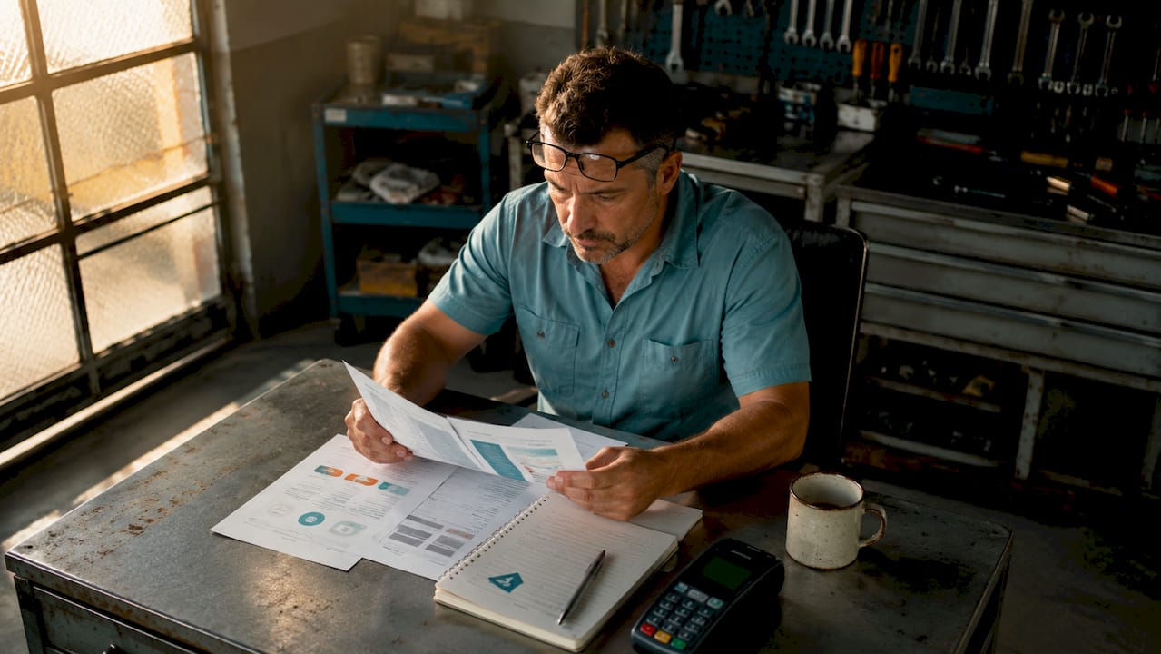 Un technicien en atelier procède à la vérification des documents relatifs à la sécurité des paiements.