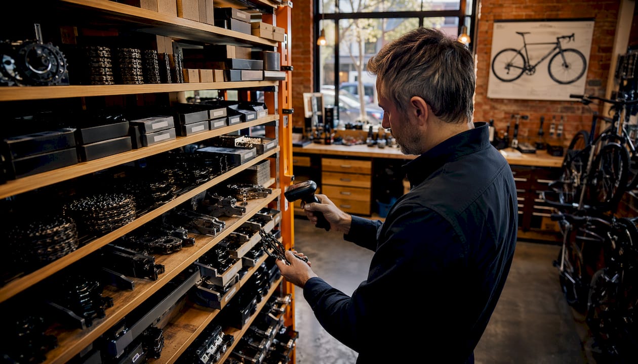 Le responsable du magasin de vélos vérifie les pièces à l’aide d’un scanner pour assurer leur qualité et leur inventaire.