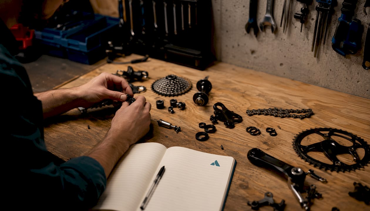 Des mains s’affairent à monter des pièces de vélo sur un établi d’atelier.