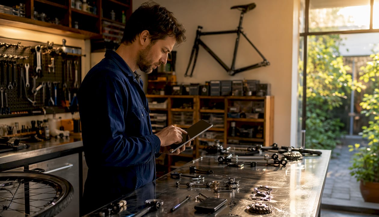Dans un atelier vélo baigné de lumière, un mécanicien consulte une tablette pour effectuer ses réparations.