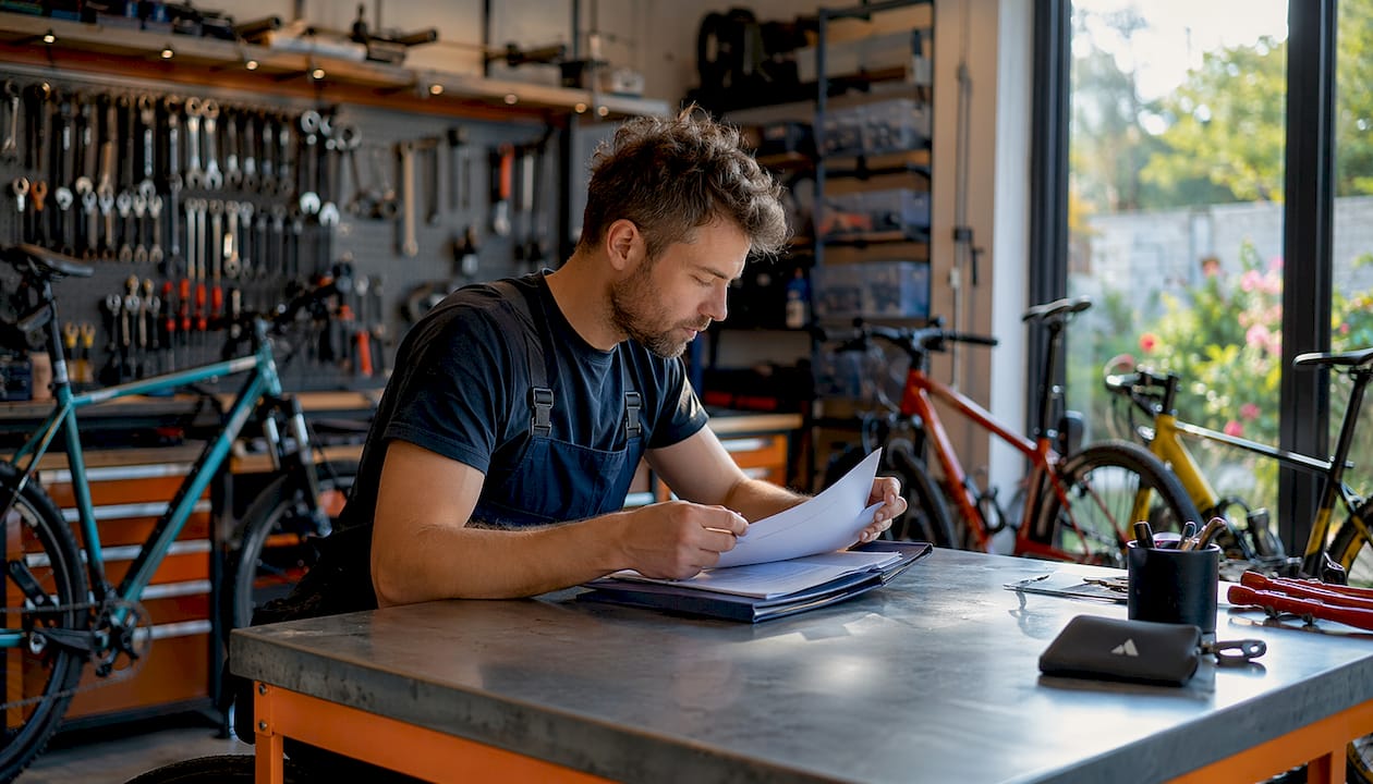 Dans l’atelier vélo, le technicien contrôle soigneusement les bons de commande papier avant de commencer les réparations.
