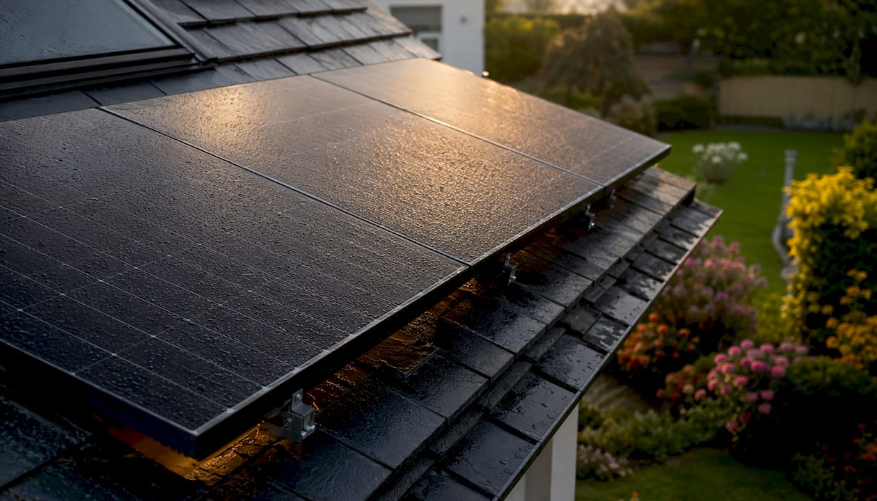 Zoom sur des panneaux solaires installés sur le toit d'une maison.