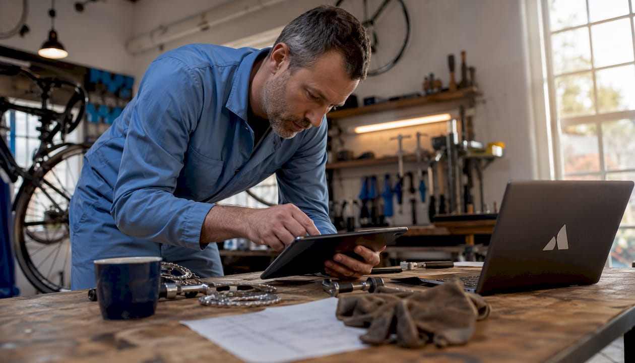 Un technicien en atelier en train de travailler sur une tablette