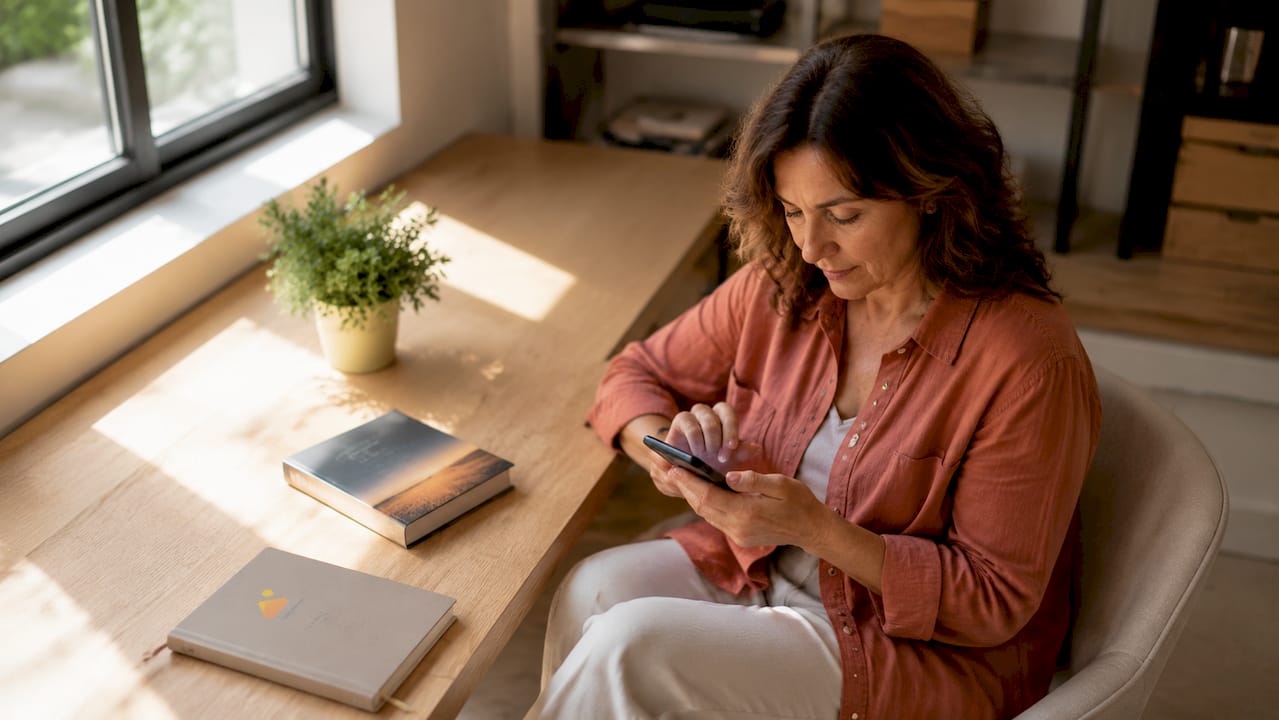 Une femme consulte l’application de suivi de sa production solaire sur son smartphone.