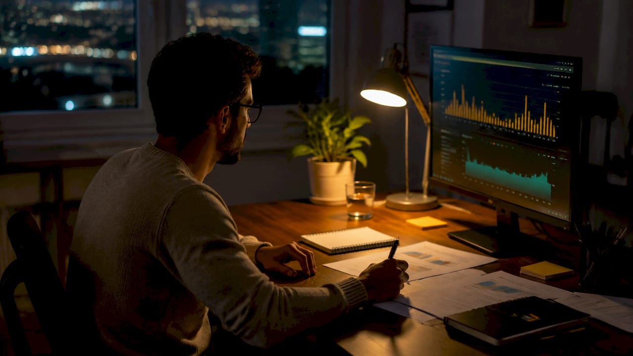 Un homme analyse des données solaires à son bureau, entouré de graphiques et de rapports.