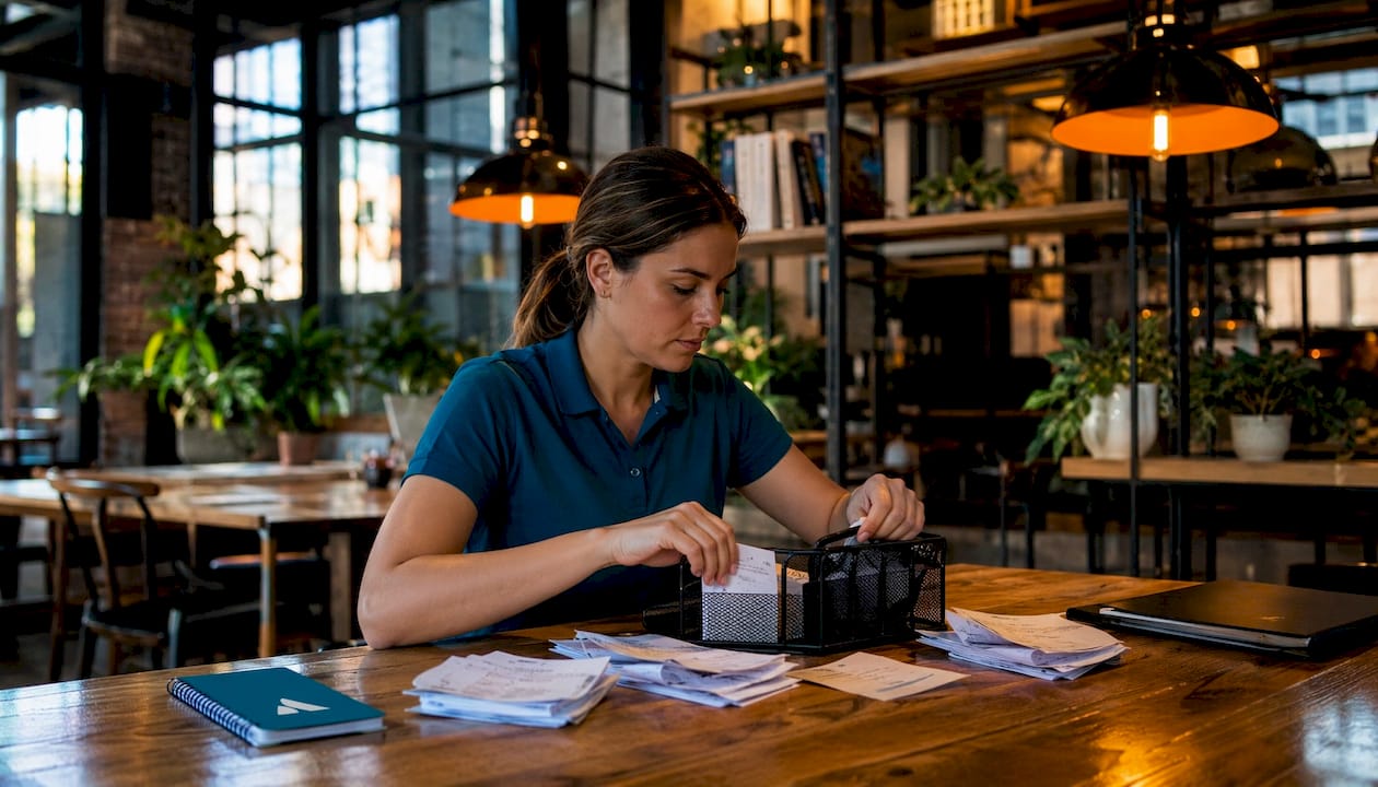 Une employée en train de trier les reçus et les preuves de paiement