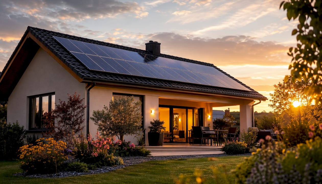 Maison équipée de panneaux solaires sur le toit