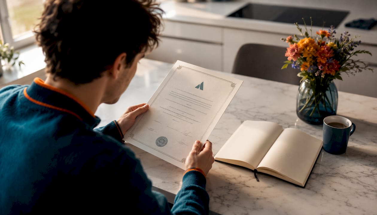 Un diplôme fièrement brandi entre les mains, dans le bureau à la maison.