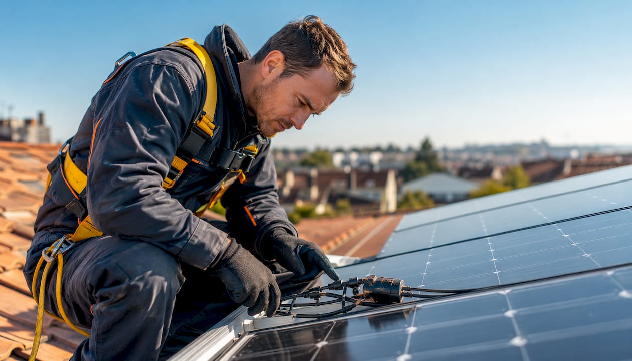 Une main protégée par un gant examine un connecteur rouillé sur un panneau solaire.