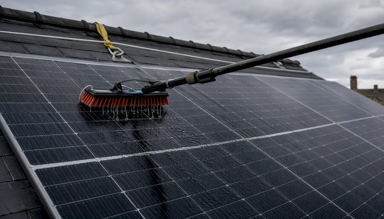 Brosse télescopique idéale pour un nettoyage délicat des panneaux solaires ternis par le temps