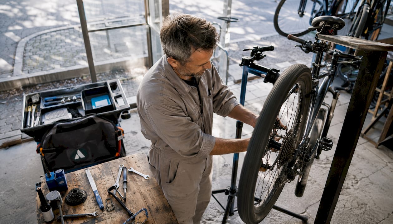 Un spécialiste du vélo en plein réglage de la transmission