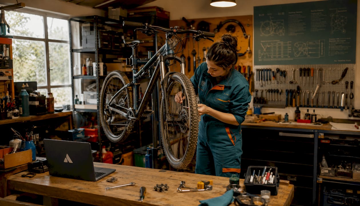 Une technicienne cycle en train de régler les freins d’un vélo