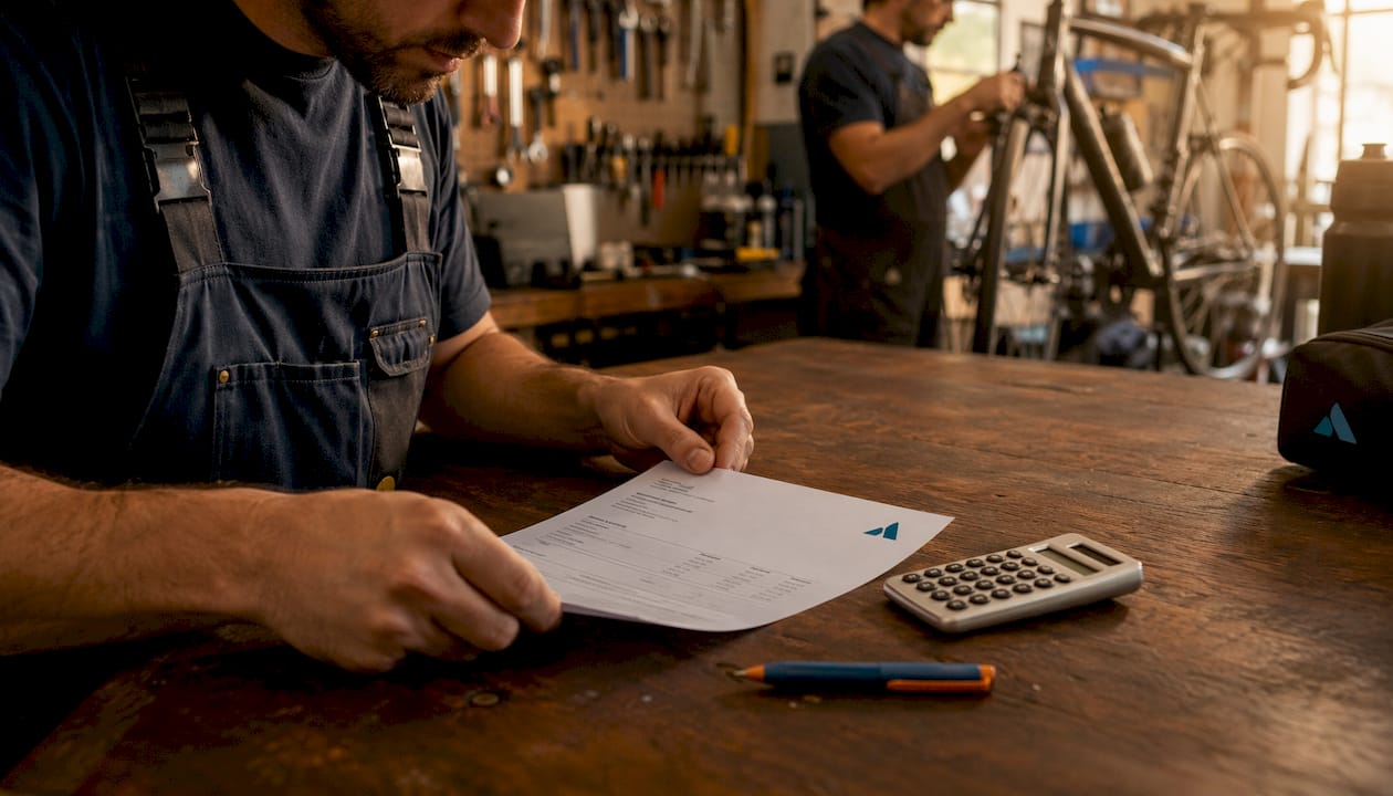 Une main en train de noter à la main les tarifs de l’atelier de réparation vélo dans un carnet.