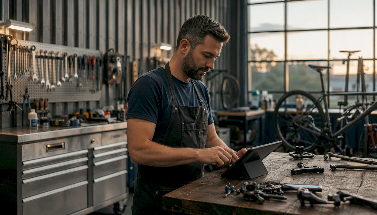 Un mécanicien vélo consulte une tablette pour effectuer des réparations dans son atelier.