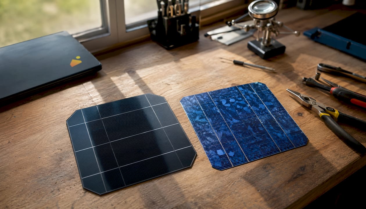 Vue rapprochée de cellules solaires monocristallines et polycristallines disposées sur une table.
