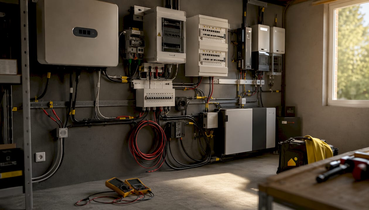 Les différents équipements d’un système photovoltaïque résidentiel installés dans la salle dédiée aux panneaux.